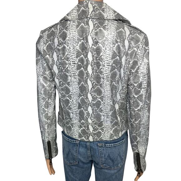 Alice+Olivia Lambleather Snake Print Moto Jacket Size Small Cropped Black White - Picture 4 of 11